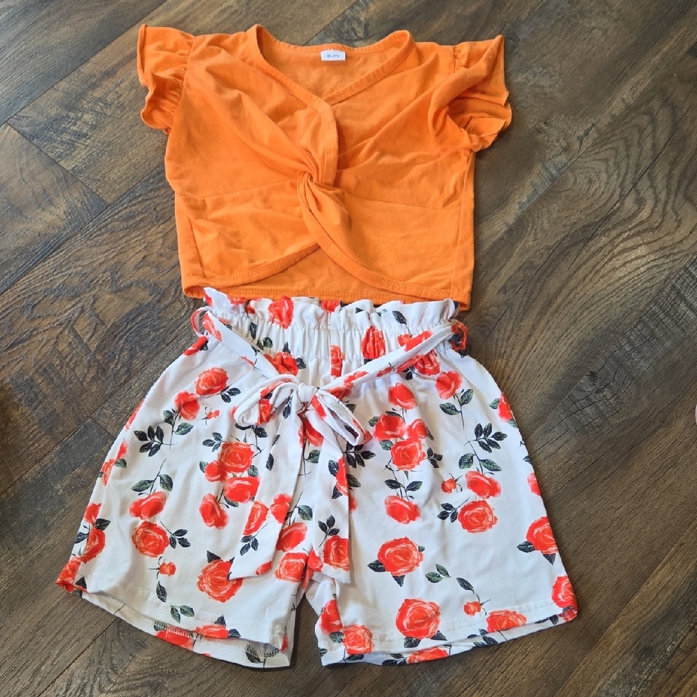 Girls Orange Top and Floral Shorts Set